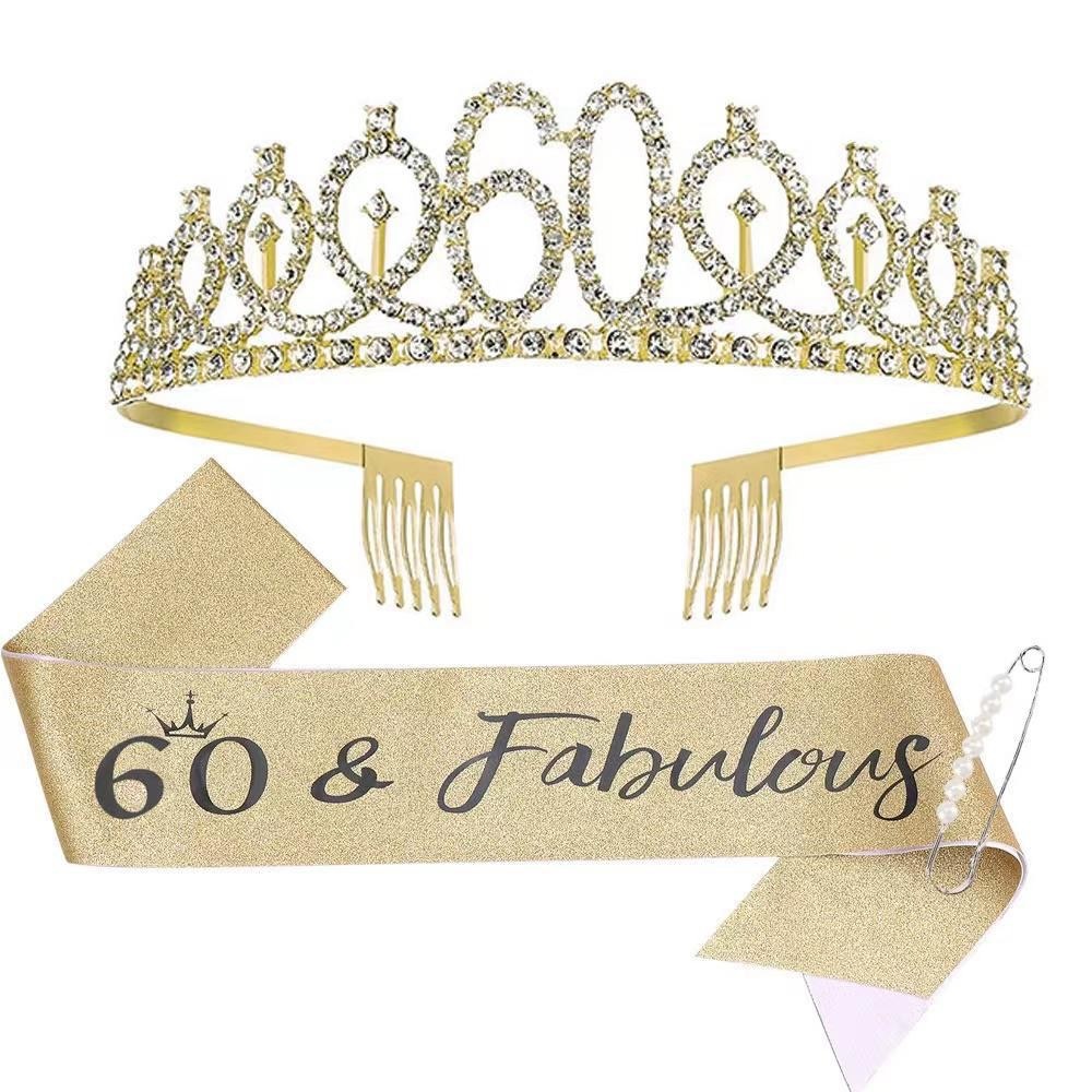 60 & Fabulous Birthday Tiara and Glitter Sash, Rhinestone Crown for Queens